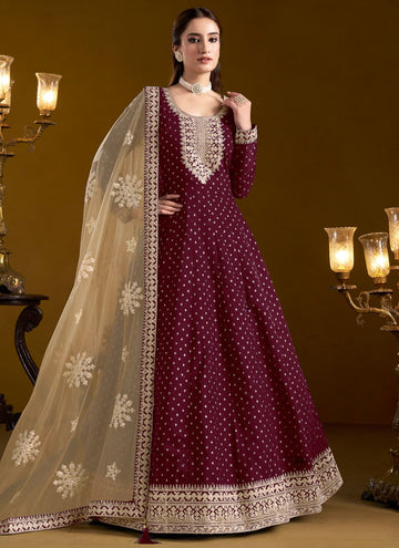 Burgundy Chanderi Butti Work Long Anarkali Suit