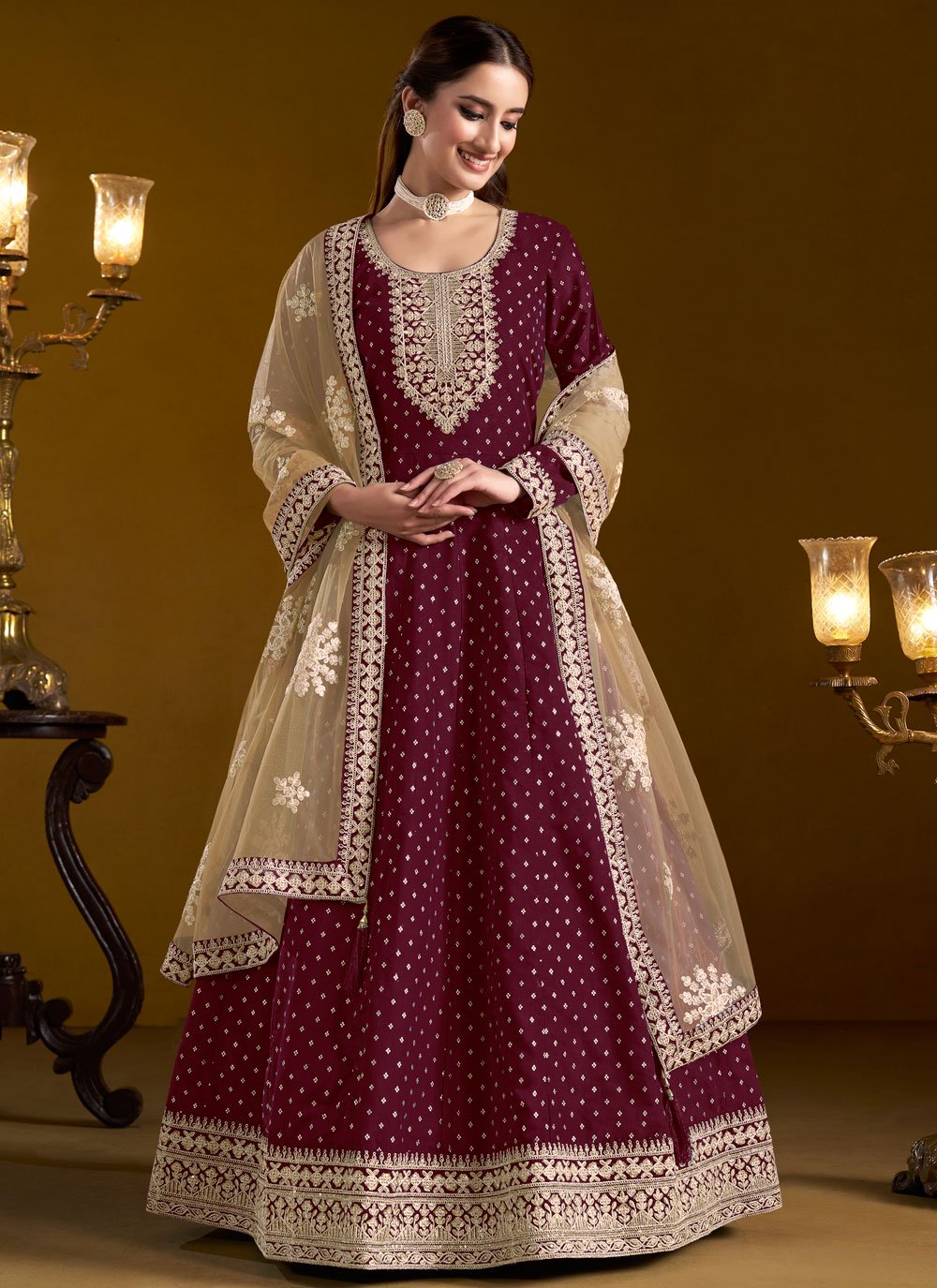 Burgundy Chanderi Butti Work Long Anarkali Suit