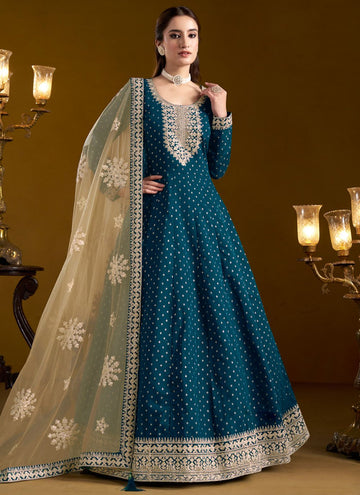 Chanderi Butti Work Long Anarkali Suit In Morpeach