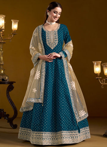 Chanderi Butti Work Long Anarkali Suit In Morpeach