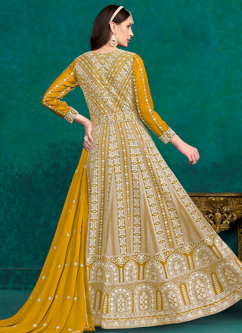 Faux Georgette Lakhnavi embroidered Indian Anarkali Suit In Mustard