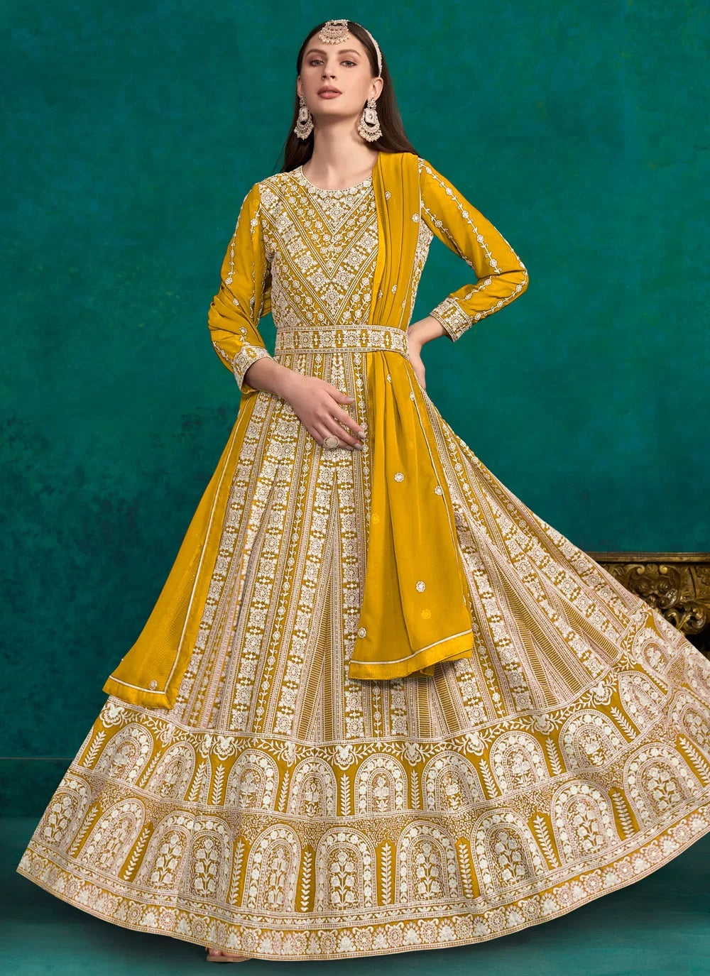 Faux Georgette Lakhnavi embroidered Indian Anarkali Suit In Mustard