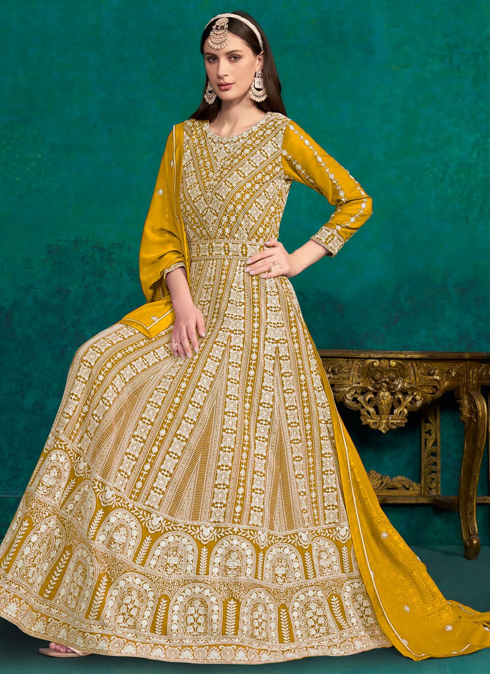 Faux Georgette Lakhnavi embroidered Indian Anarkali Suit In Mustard