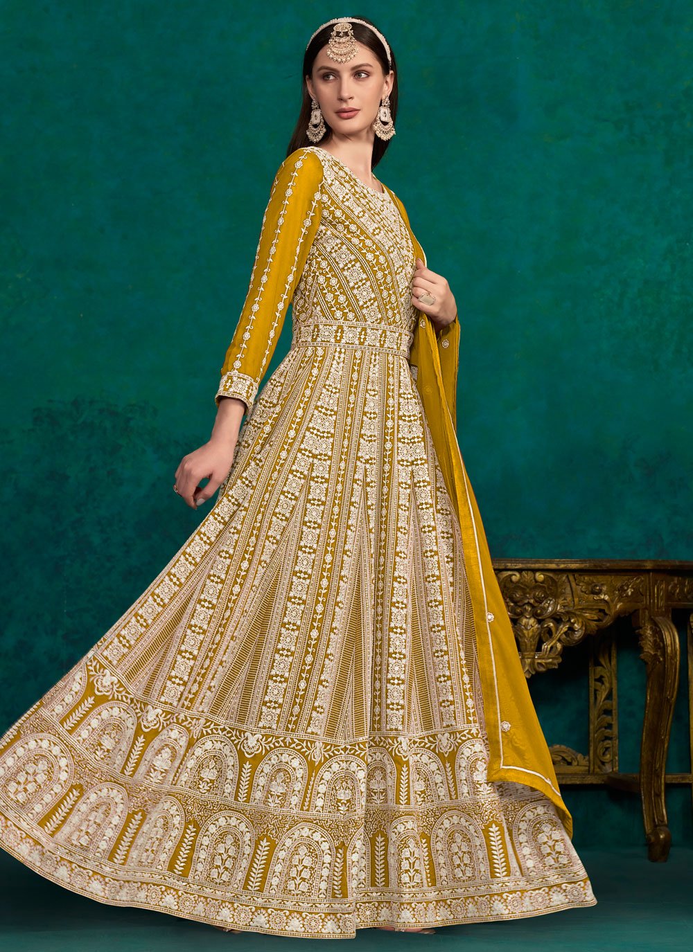 Faux Georgette Lakhnavi embroidered Indian Anarkali Suit In Mustard