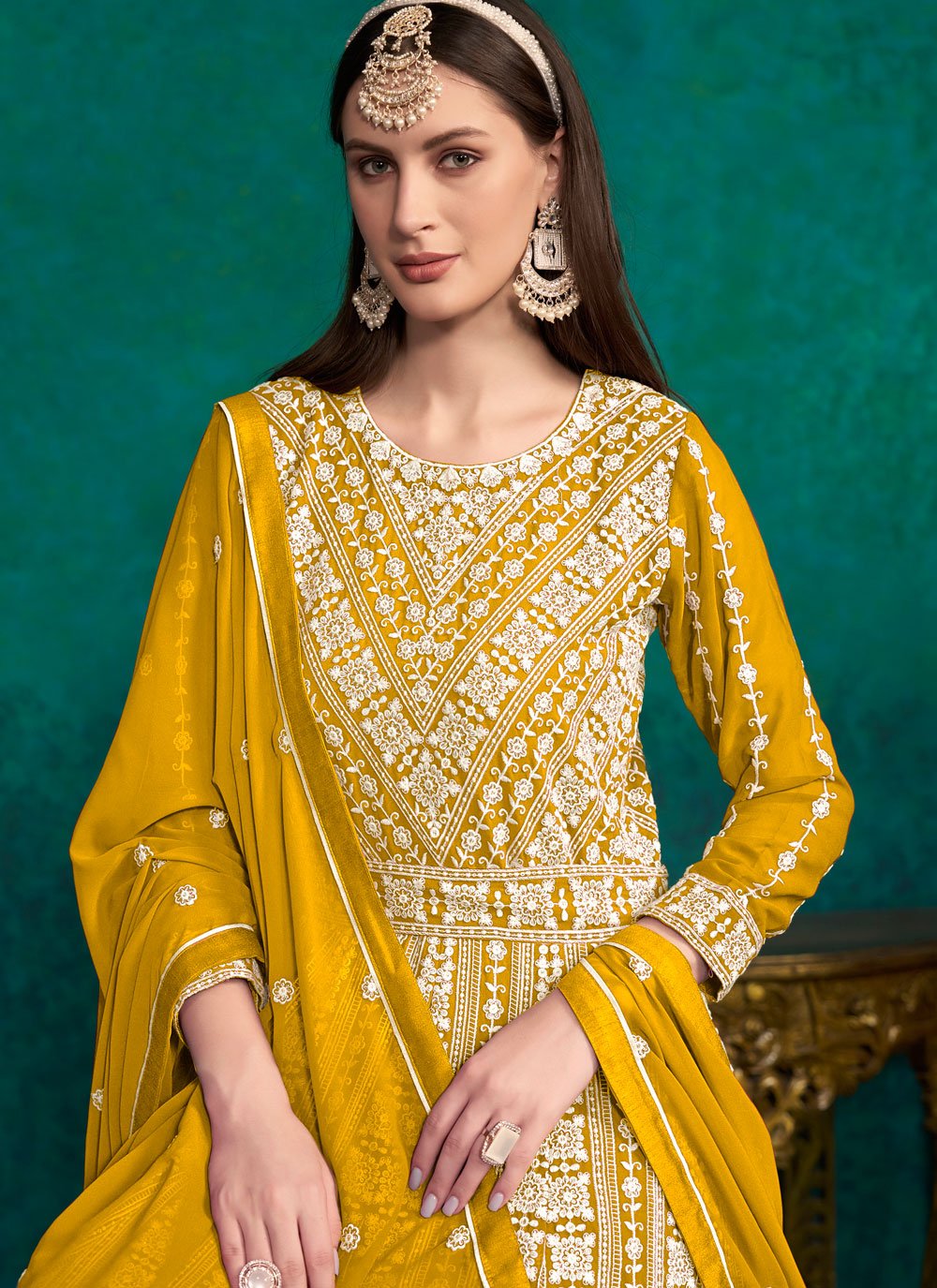 Faux Georgette Lakhnavi embroidered Indian Anarkali Suit In Mustard