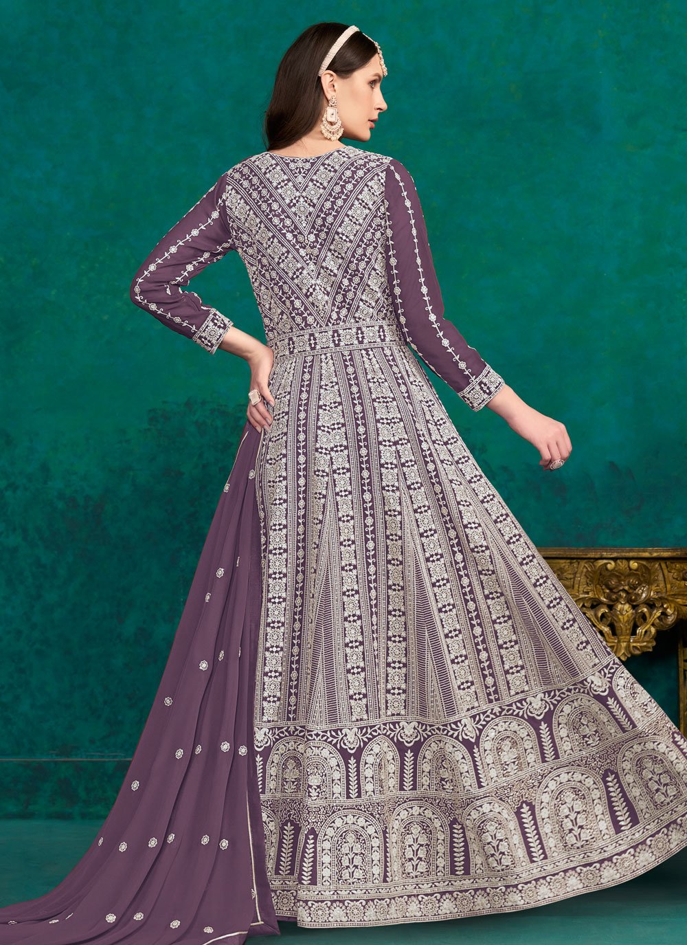 Faux Georgette Lakhnavi embroidered Indian Anarkali Suit In Purple