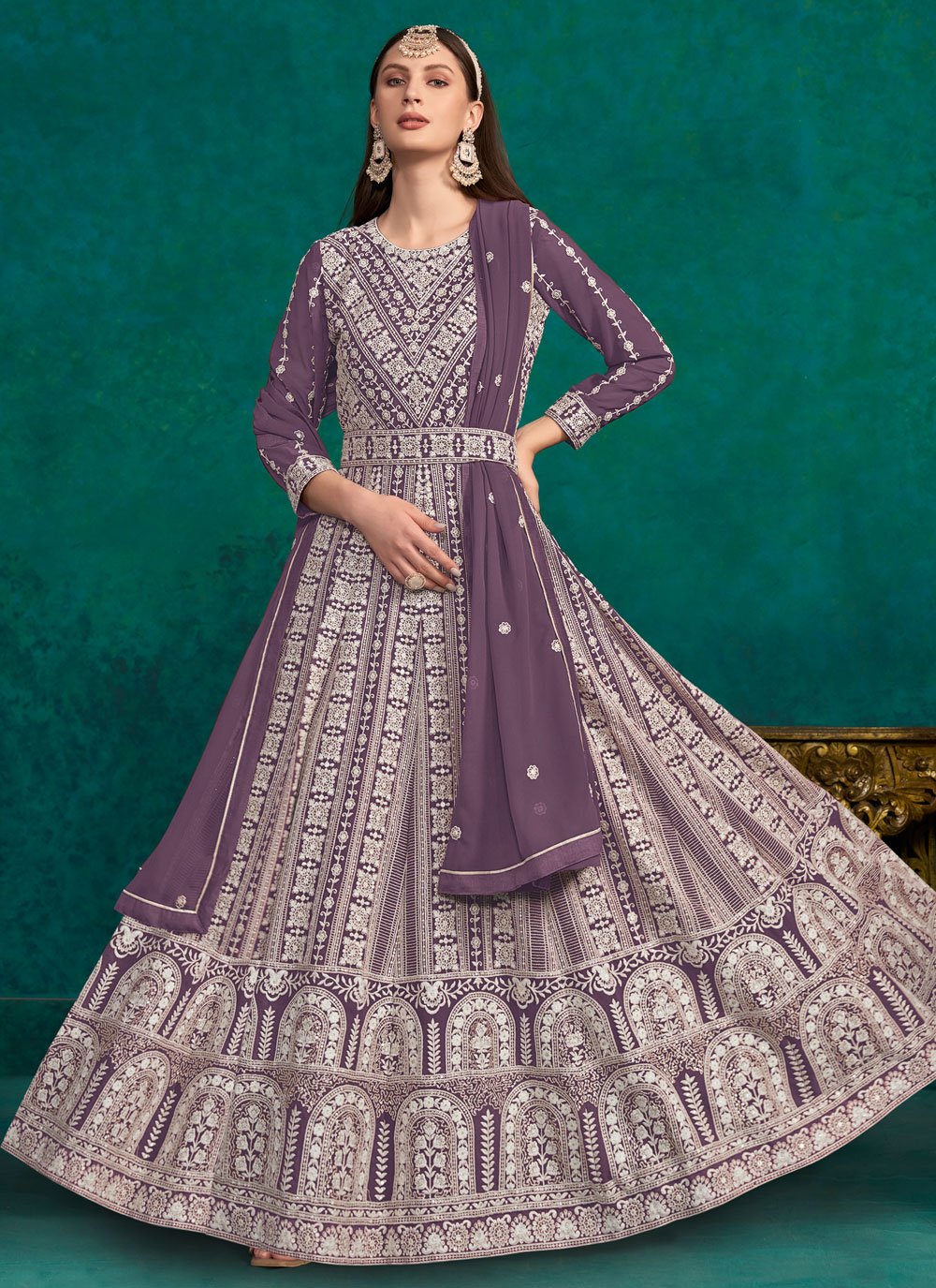 Faux Georgette Lakhnavi embroidered Indian Anarkali Suit In Purple