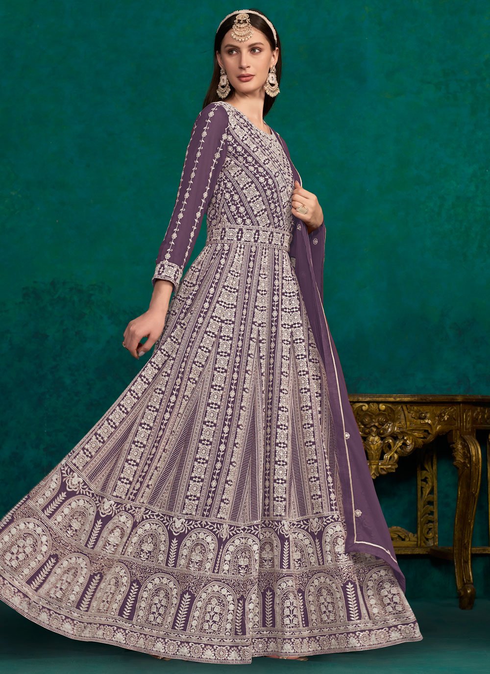 Faux Georgette Lakhnavi embroidered Indian Anarkali Suit In Purple