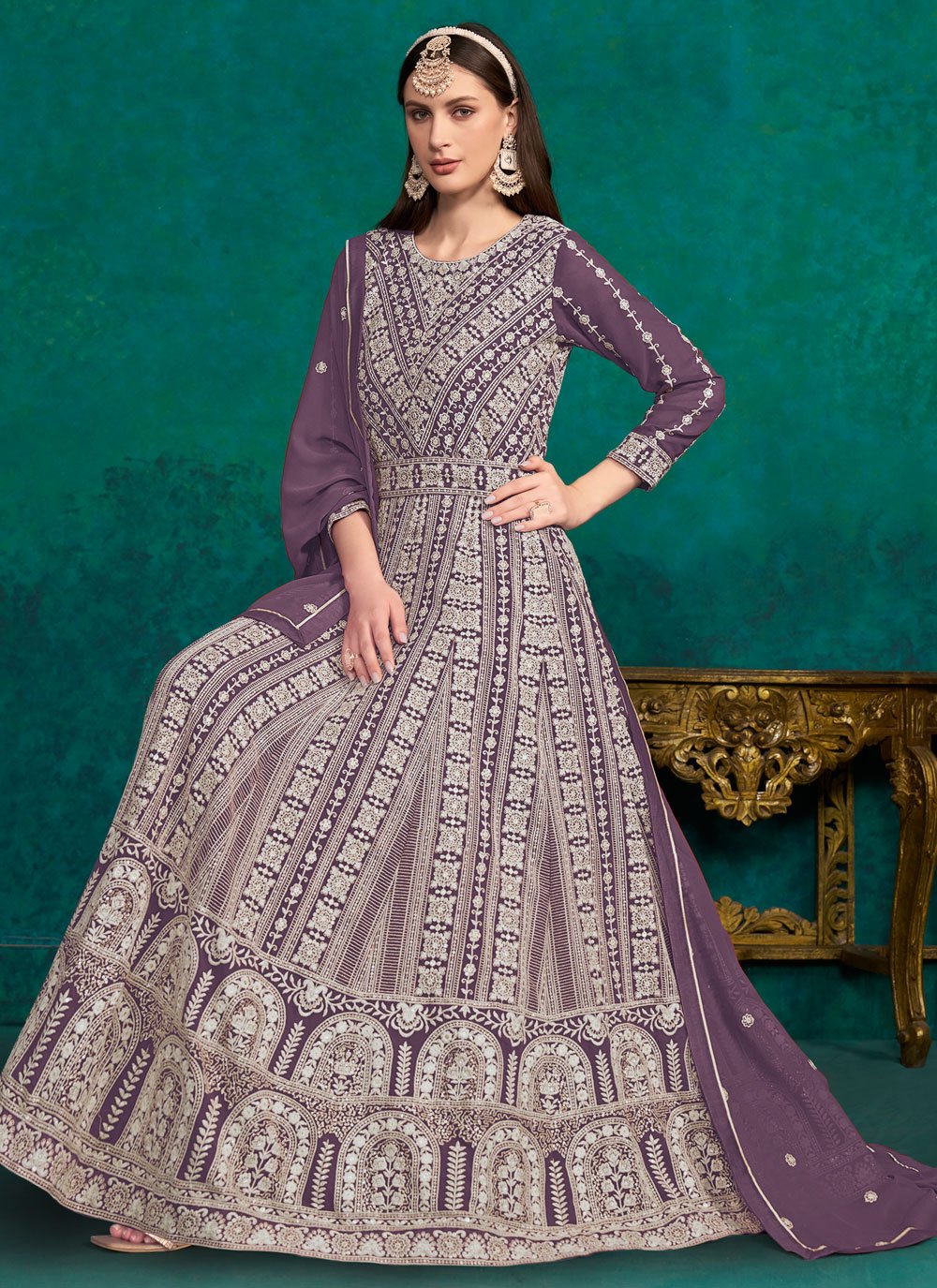 Faux Georgette Lakhnavi embroidered Indian Anarkali Suit In Purple