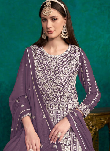 Faux Georgette Lakhnavi embroidered Indian Anarkali Suit In Purple