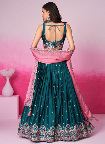 Teal Poly Georgette Thread Work Indian Lehenga