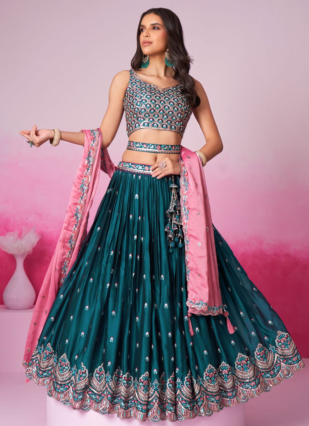 Teal Poly Georgette Thread Work Indian Lehenga