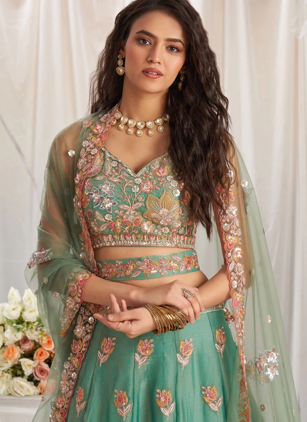 Lime Green Sequins Zarkan Organza Indian Lehenga Choli for Wedding