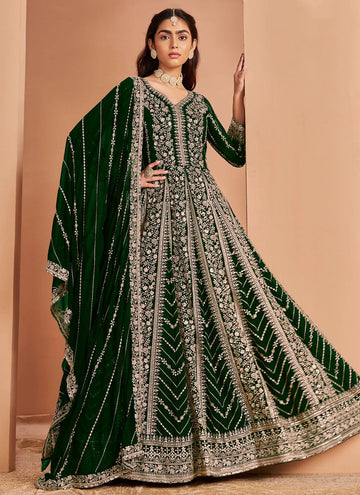 Green Faux Georgette Embroidered Indian Anarkali Suit