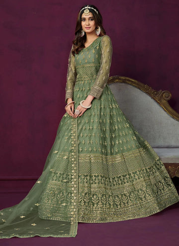 Green Net Embroidered Indian Anarkali suit