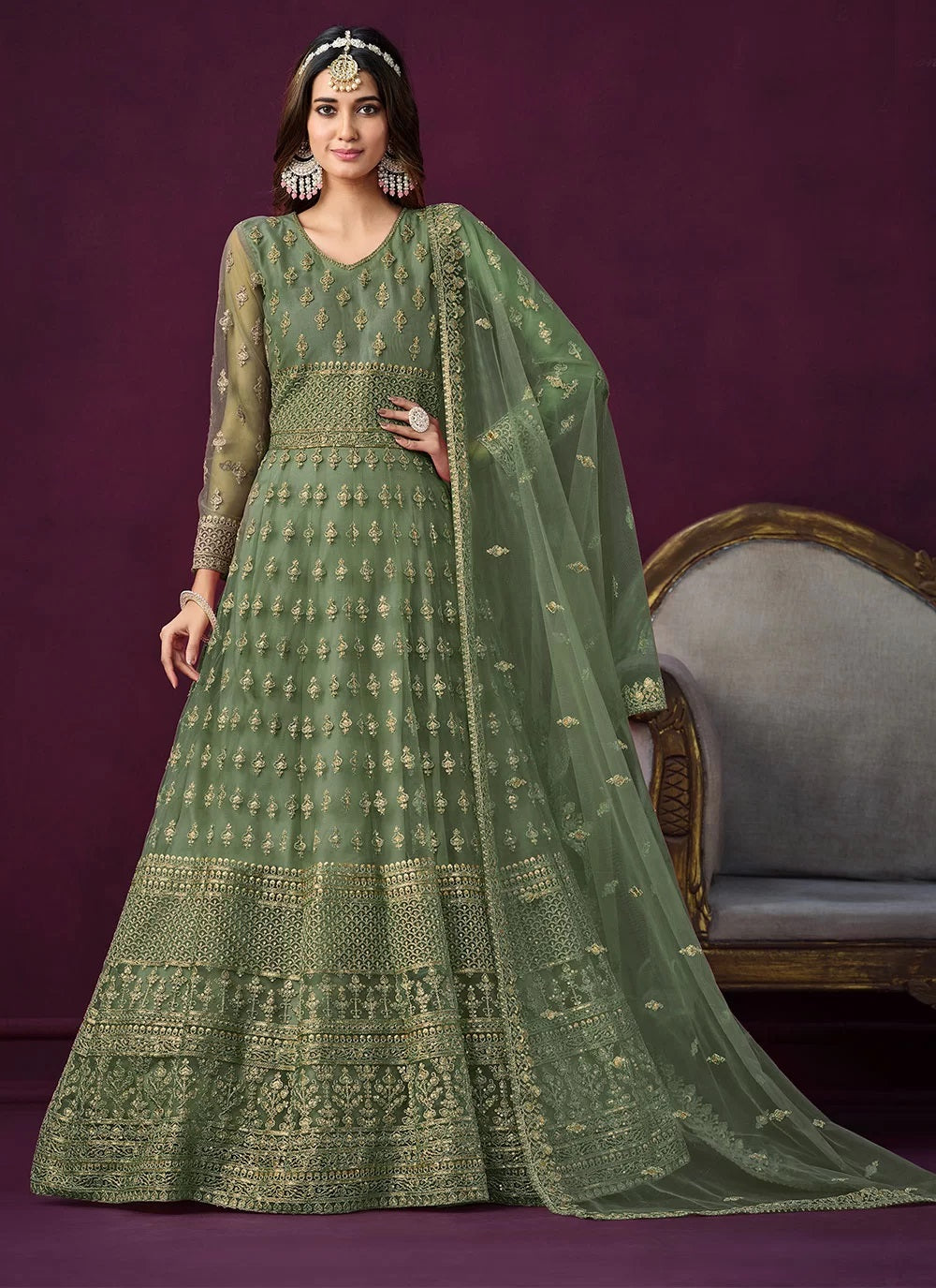 Green Net Embroidered Indian Anarkali suit