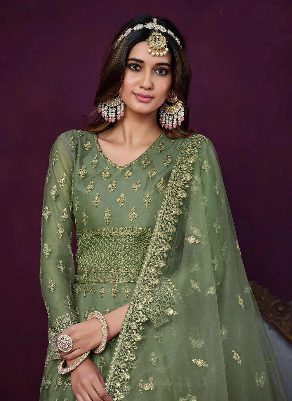 Green Net Embroidered Indian Anarkali suit