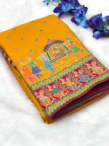 Mustard Pure Viscose Silk Position Printed Traditional Darbari Saree