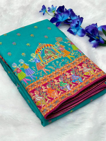 Blue Pure Viscose Silk Position Printed Traditional Darbari Saree