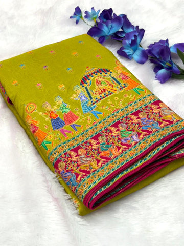Mehendi Green Pure Viscose Silk Position Printed Traditional Darbari Saree