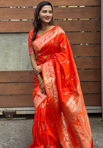 Orange Banarasi Jaal Soft Silk Zari Woven Saree