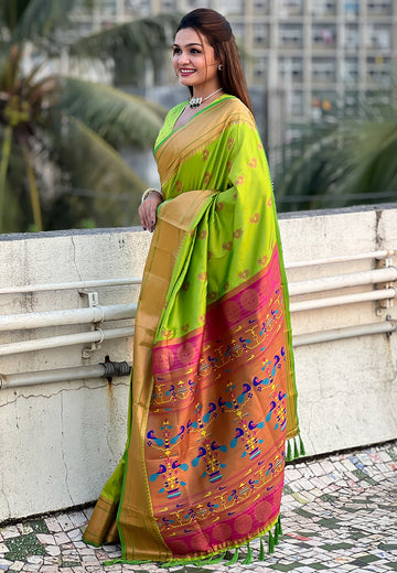Parrot Green Zari Woven Nath Yeola Paithani Silk Saree