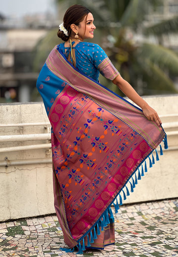 Blue Zari Woven Nath Yeola Paithani Silk Saree