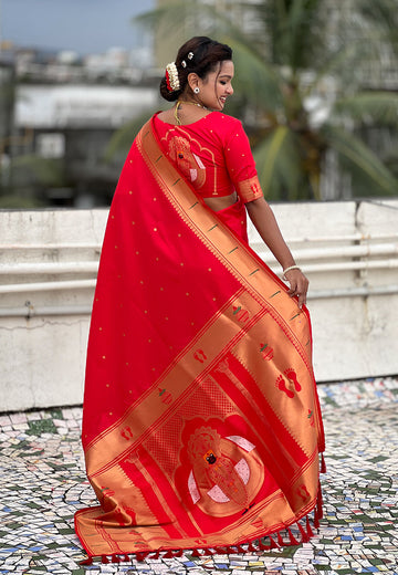 Red Zari Woven Mahalaxmi God Paithani Silk Saree