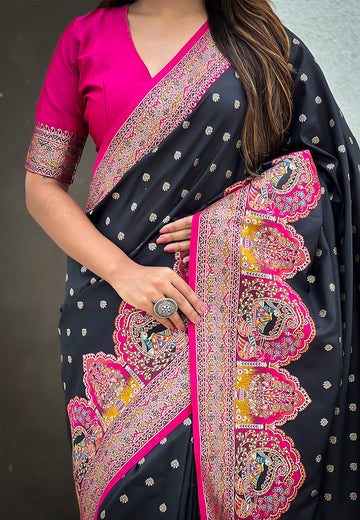 Jade Black Pashmina Darbari Silk Zari Woven Saree