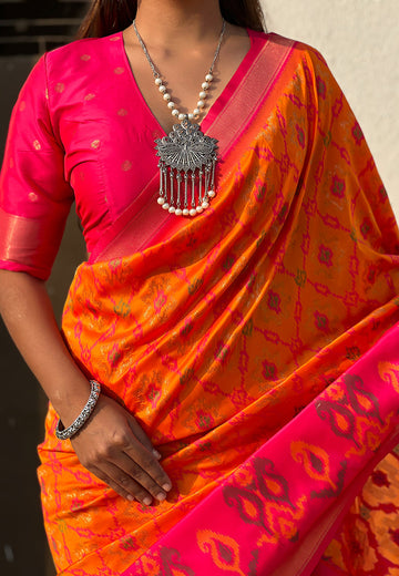 Orange Soft Silk Zari Woven Patola Saree with Contrast Weaves