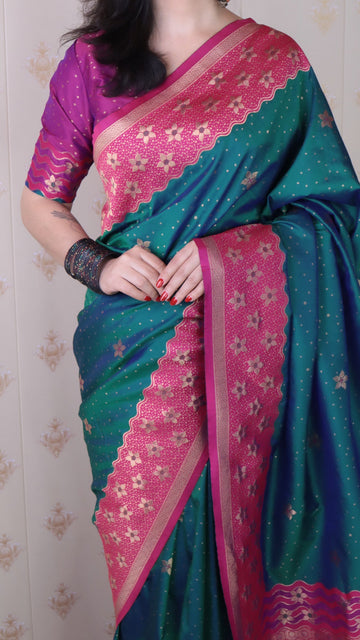 Green Soft Silk Banarasi Wavy Unique Zari Woven Saree