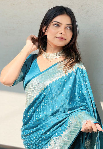 Butterfly Blue Banarasi Satin Silk Zari Woven Saree