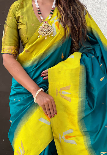 Sea Blue South Traditional Tilak Contrast Soft Silk Zari Woven Saree