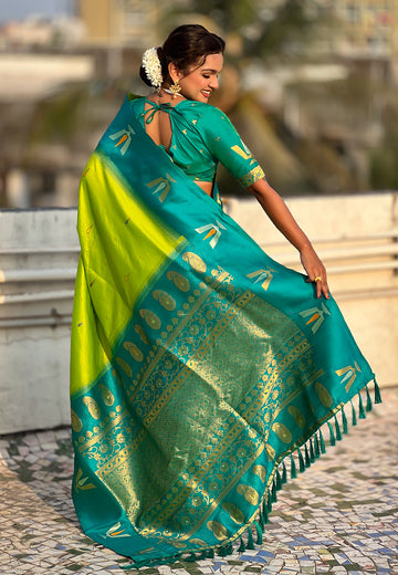 Pista South Traditional Tilak Contrast Soft Silk Zari Woven Saree