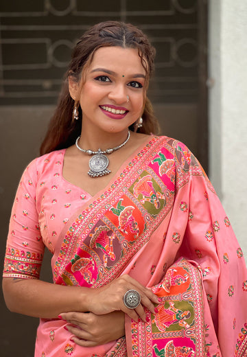 Pink Pashmina Kashmiri Silk Zari Woven Saree