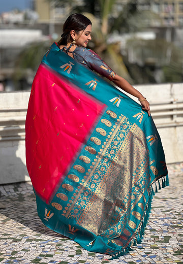 Pink South Traditional Tilak Contrast Soft Silk Zari Woven Saree
