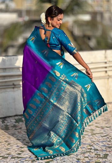 Purple South Traditional Tilak Contrast Soft Silk Zari Woven Saree