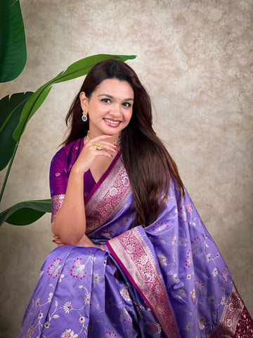 Lavender Banarasi Jaal Zari Woven Silk Saree