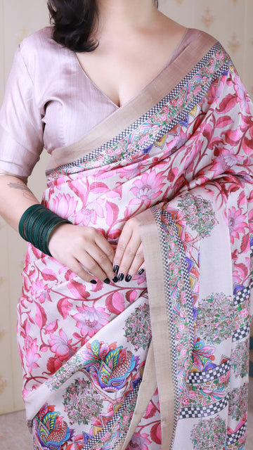 Cream Tussar Silk Floral Madhubani Fusion Printed Saree with Zari Woven Border