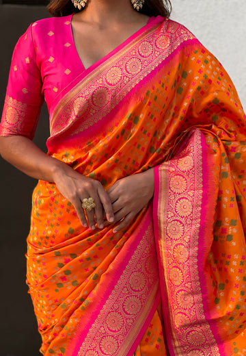 Orange Soft Silk Zari Woven Premium Patola Saree with Contrast Weaves