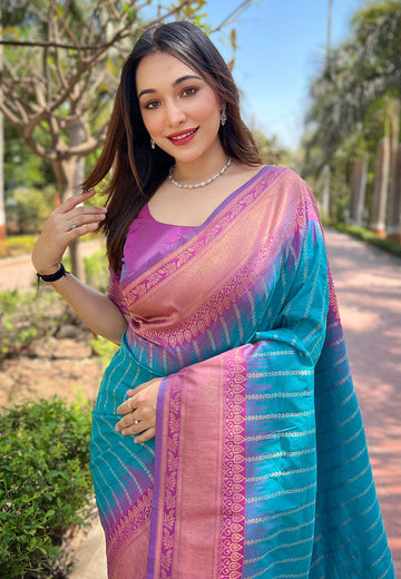 Light Blue Soft Silk Floral Border Contrast Zari Woven Saree