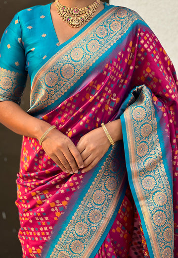 Magenta Soft Silk Zari Woven Premium Patola Saree with Contrast Weaves