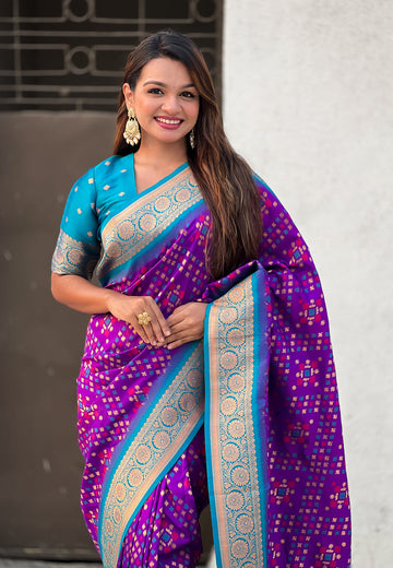 Purple Soft Silk Zari Woven Premium Patola Saree with Contrast Weaves