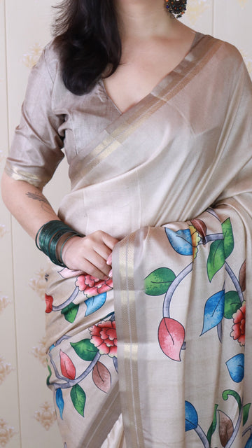 Cream Soft Tussar Silk Kalamkari Unique Printed Zari Woven Saree