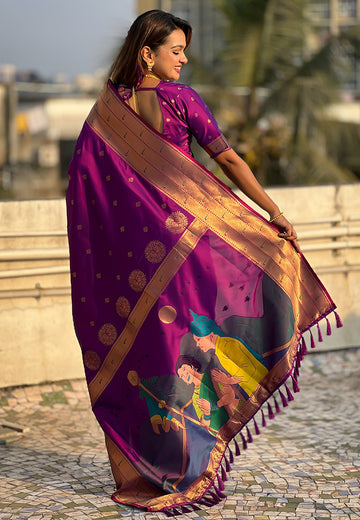 Wine Zari Woven Gudi Padwa Special Paithani Silk Saree