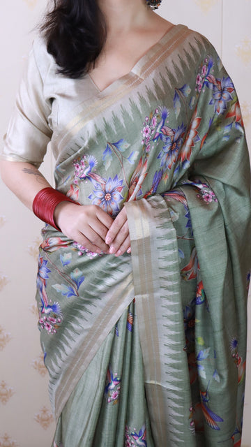 Pista Green Soft Tussar Silk Nature Printed Zari Woven Saree