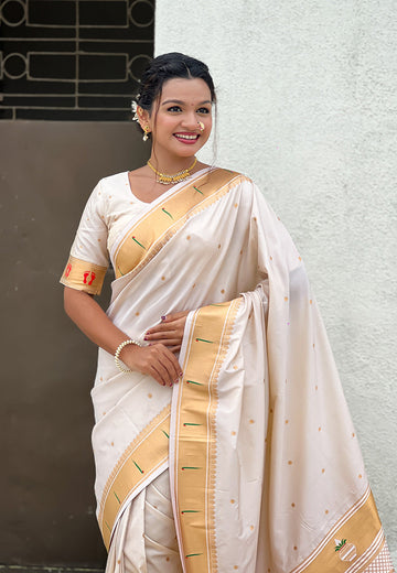 Cream Zari Woven Mahalaxmi God Paithani Silk Saree