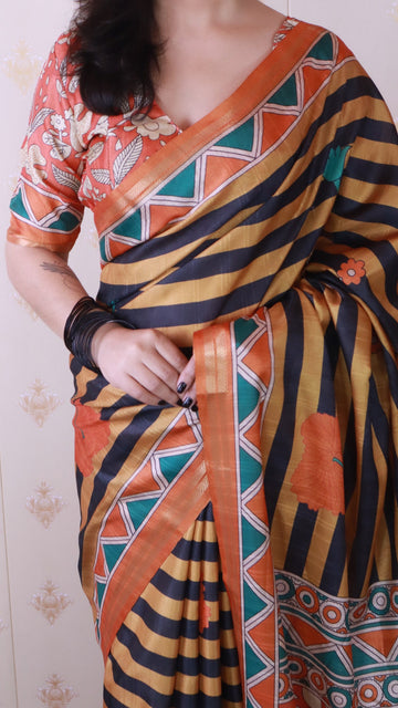 Orange Soft Tussar Silk Striped Traditional Printed Zari Woven Saree