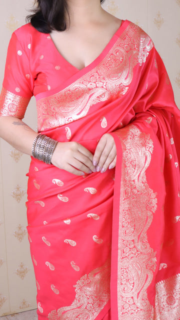 Pink Banarasi Soft Silk Silver Zari Woven Saree