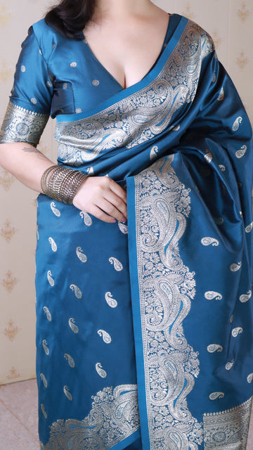 Blue Banarasi Soft Silk Silver Zari Woven Saree
